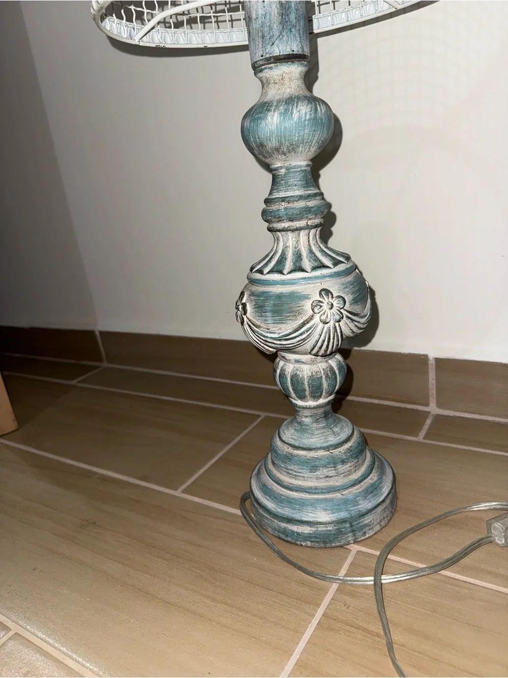 Farmhouse Teal Decorative Table Lamp with White Wire Shade $60 each